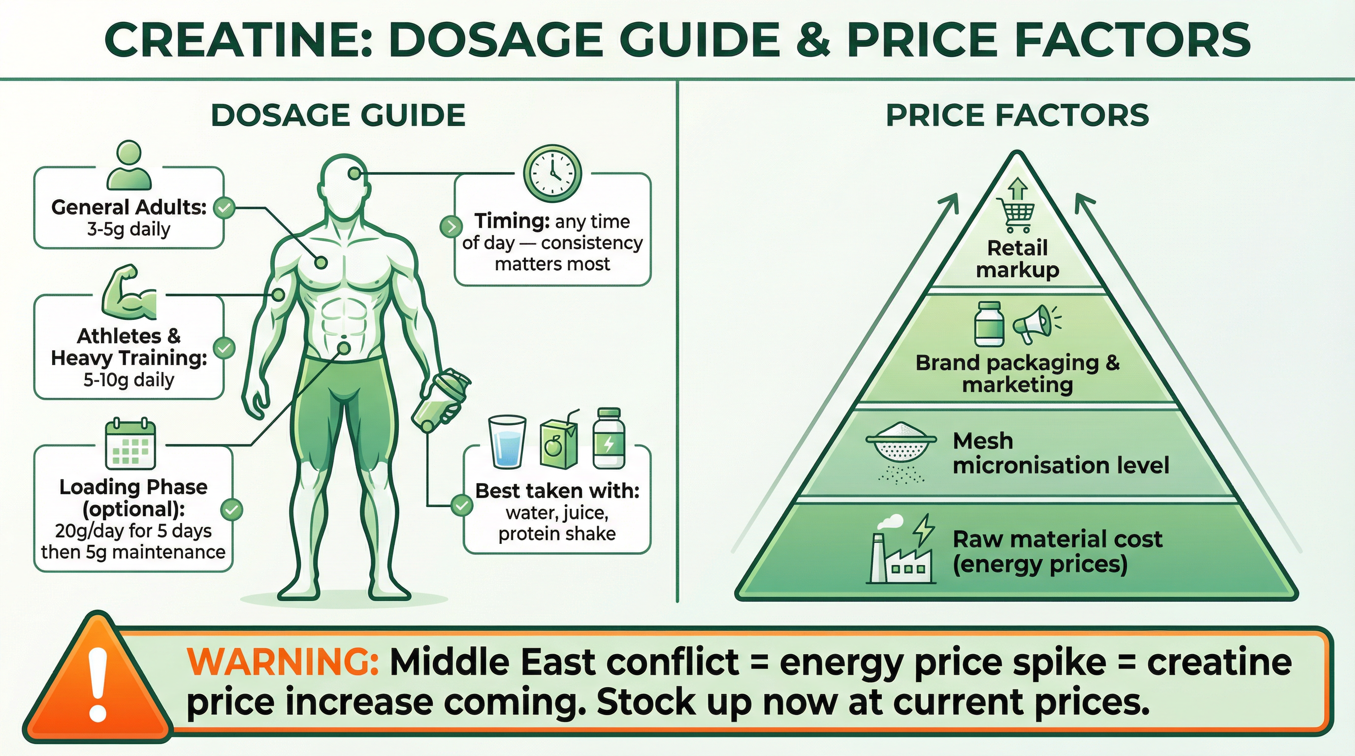 Infographic on creatine dosage and price factors