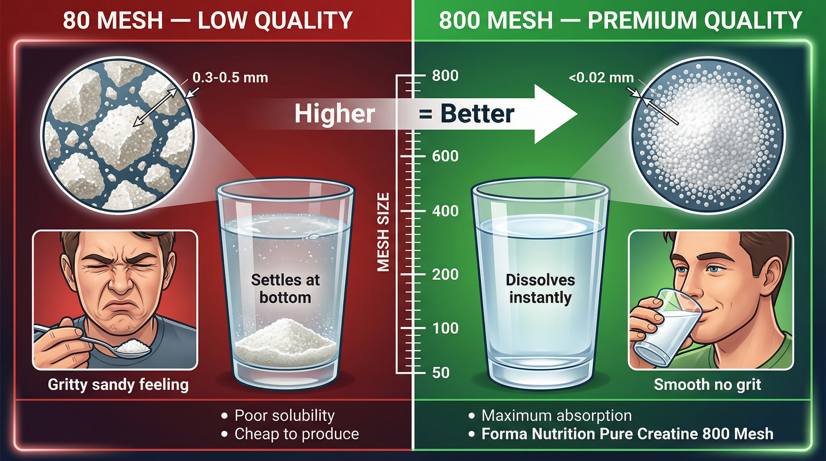 Infographic comparing low mesh vs high mesh creatine