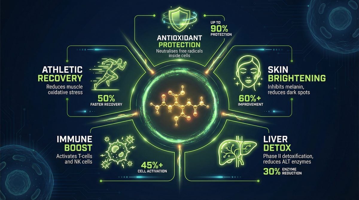 Glutathione benefits: antioxidant protection, skin brightening, liver detox, immune boost, athletic recovery