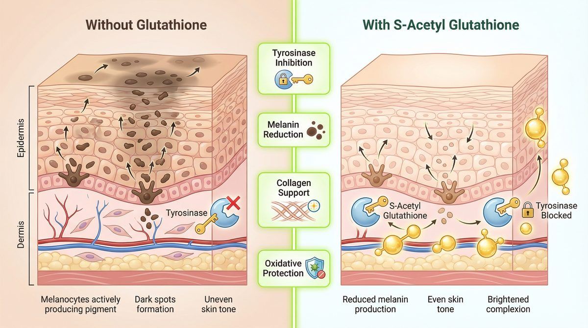 How glutathione brightens skin: tyrosinase inhibition and melanin reduction mechanism diagram