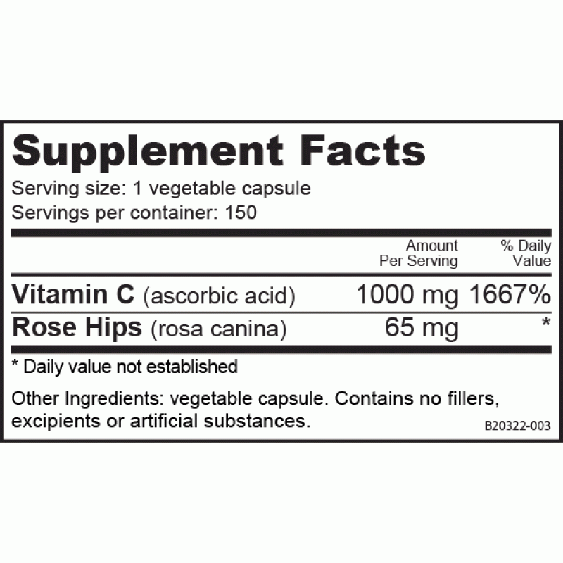 NutraBio Vitamin C with Rose Hips - 150 Vegetable Capsules
